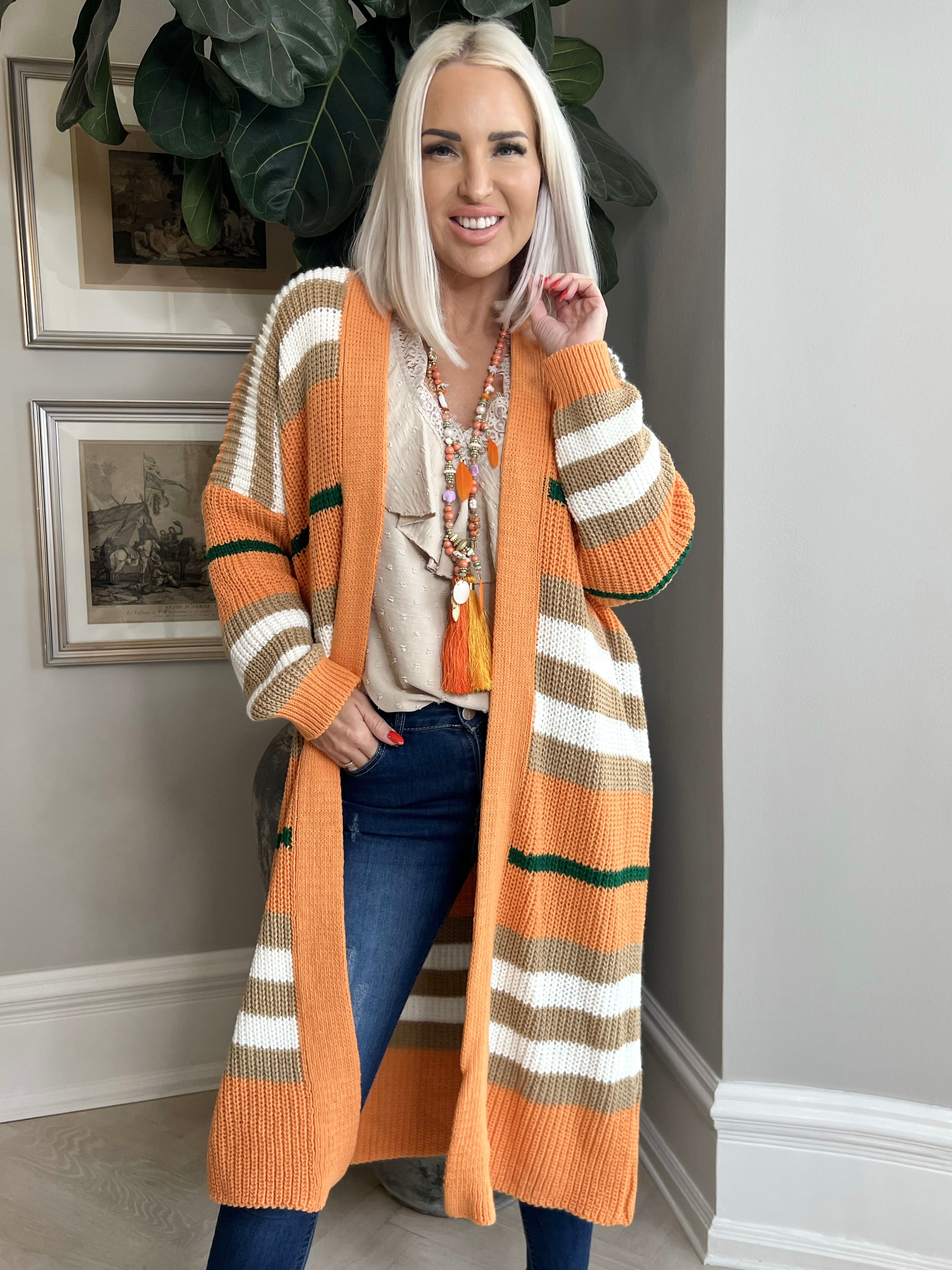 Mikla - Lång randig kofta i stickad